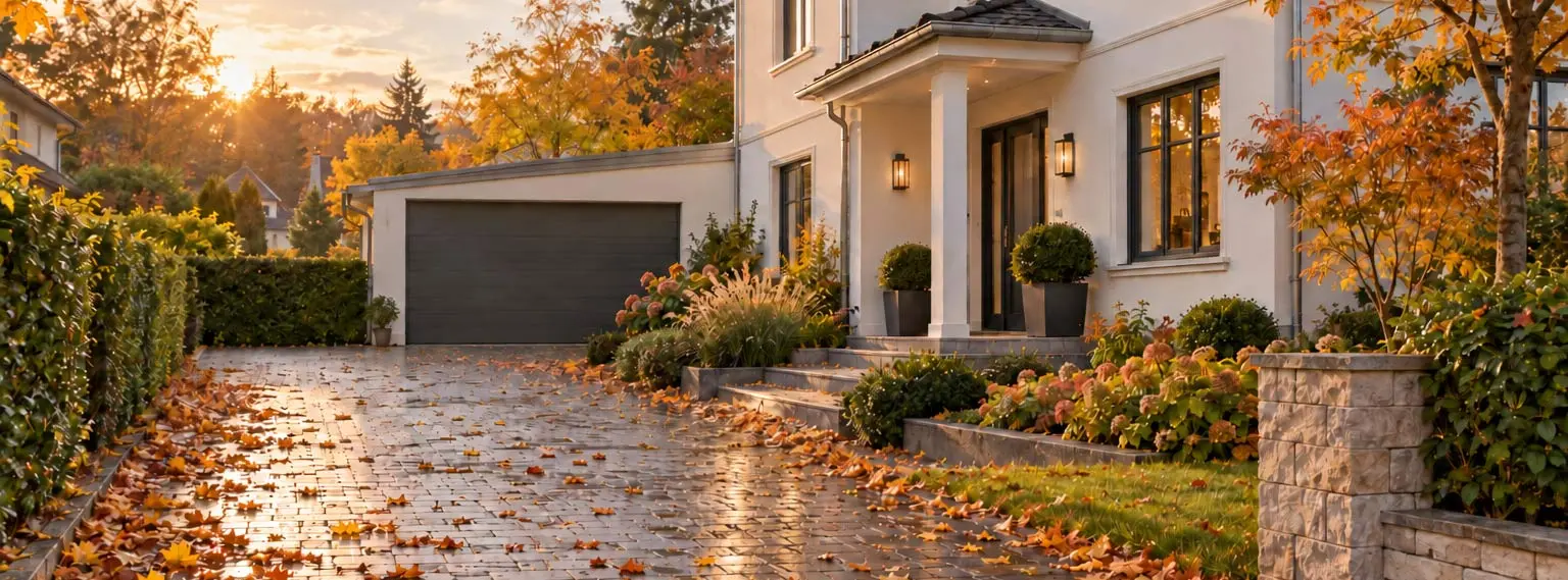 Einfahrt einer Villa im Herbst