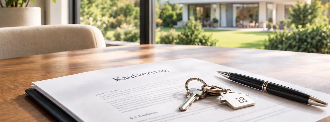 Kaufvertrag für eine Immobilie mit Schlüsseln und Stift, im Hintergrund ein modernes Haus