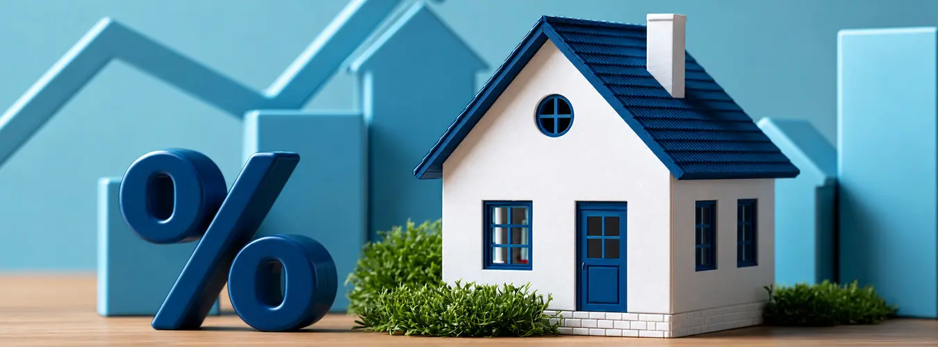 Modellhaus mit dunkelblauem Dach neben einem Prozentzeichen und steigenden Diagrammen als Symbol für Immobilienfinanzierung, Bauzinsen und Hypotheken.