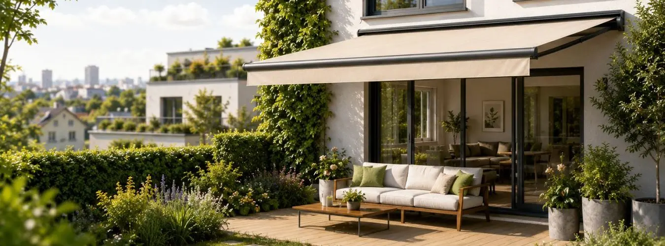 Modernes Haus mit außenliegendem Sonnenschutz – Rollladen, Raffstore und Markise – sowie Fassaden- und Dachbegrünung als sommerlicher Hitzeschutz