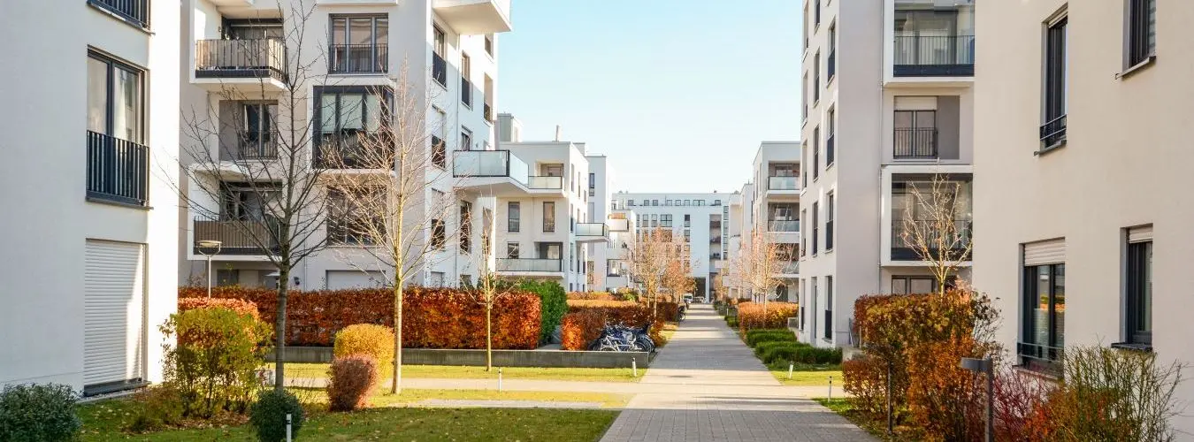 Straße mit Neubauwohnungen samt Gartenanteil im Spätherbst