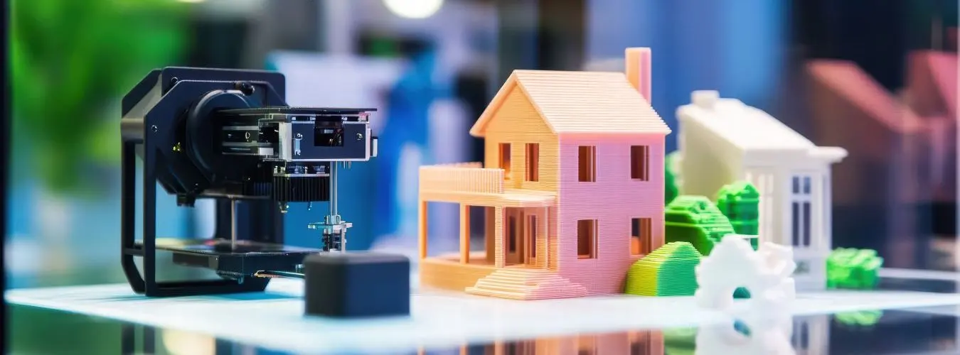 L'imprimante 3D démontre ses capacités avec des maisons et des arbres miniatures et colorés. Des modèles vivants soulignent la précision technologique et la créativité du design