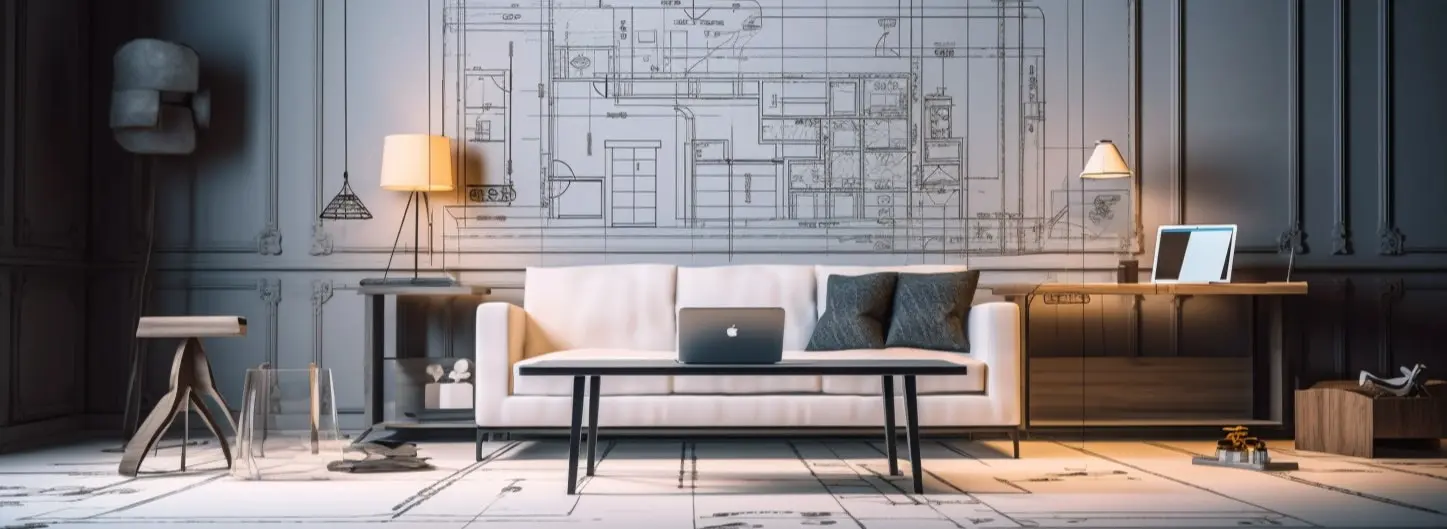 Salon avec meubles et croquis de la surface sur le mur