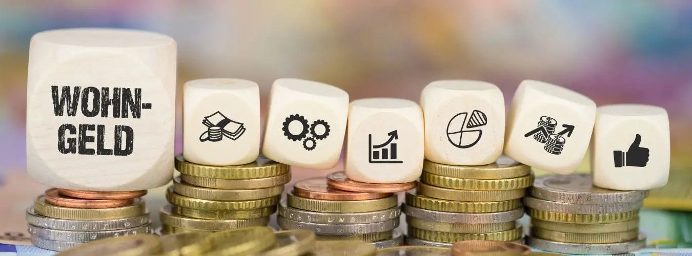 Des cubes en bois portant l'inscription 'allocation logement' ainsi que des cubes avec des symboles représentant l'argent, des engrenages, des diagrammes de croissance et des pouces en l'air sont posés sur des pièces d'euros empilées.