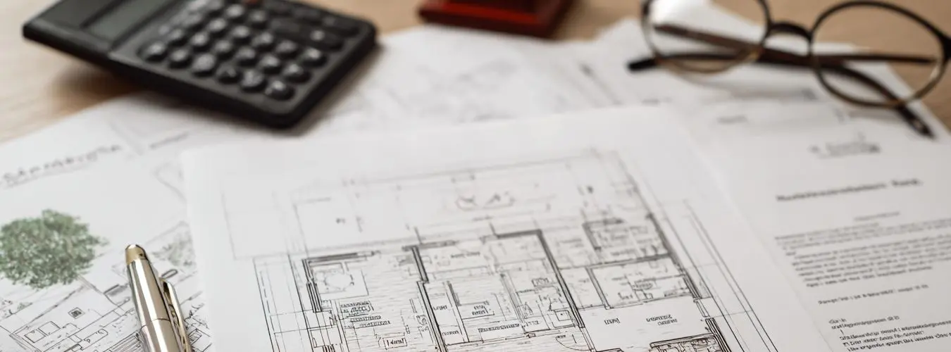 Schreibtisch mit Grundriss, Kugelschreiber, Lesebrille und Taschenrechner