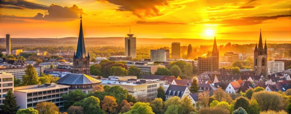 Bochumer Skyline bei Sonnenuntergang mit warmem, goldenem Licht, Bochum, Skyline, Sonnenuntergang, Stadt, Gebäude, Architektur, urban