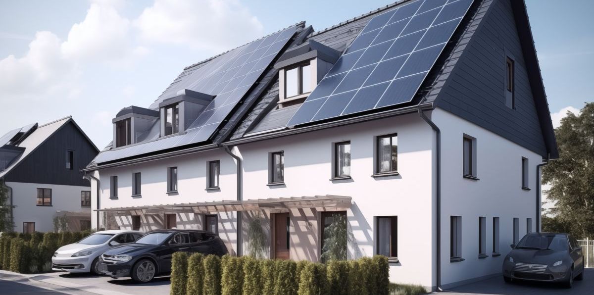 Doppelhaushälften mit Solardächern und parkenden Autos