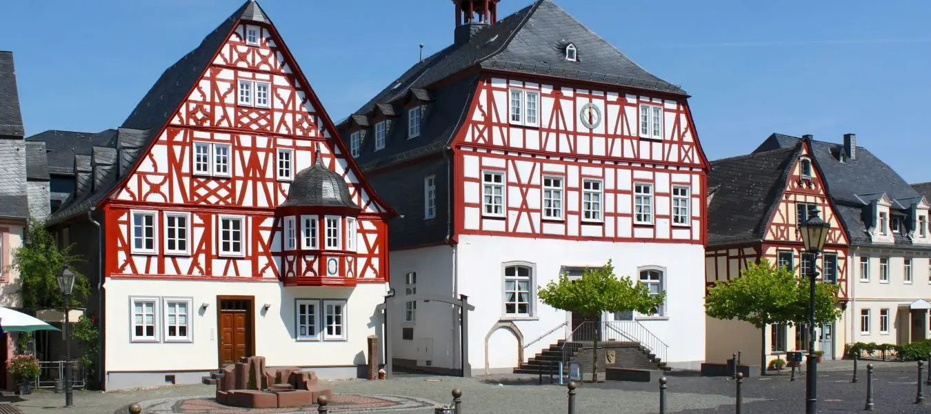 Traditional half-timbered houses at the market square of Kirchberg city, Germany